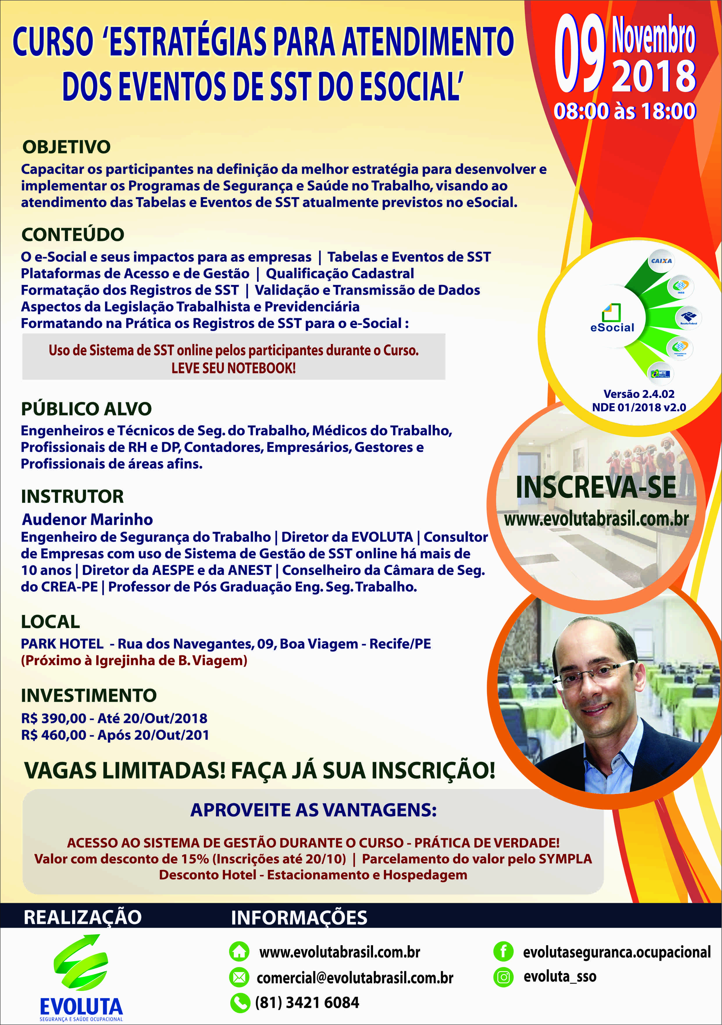 Evoluta promove Curso ‘Estratégias para Atendimento dos Eventos de SST do e-Social’, dia 09/Nov/18, em Recife/PE